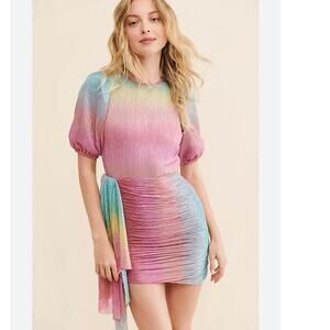 Saylor Orpha Rainbow Metallic Pleated Mini Dress Puff Sleeve Draped M